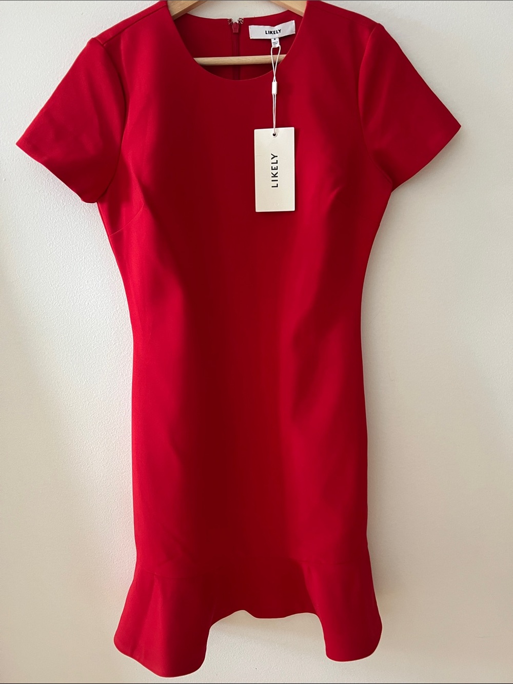 Likely Red Short Sleeve Sheath Dress with Fluted Hem